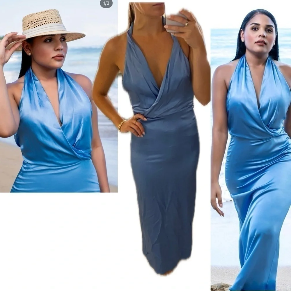 Zara blue satin effect halter top ruched open back midi slip dress NWT - Picture 5 of 16